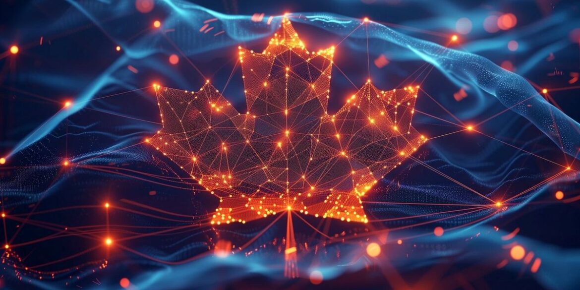 Glowing geometric maple leaf on a dark abstract digital background.jpg