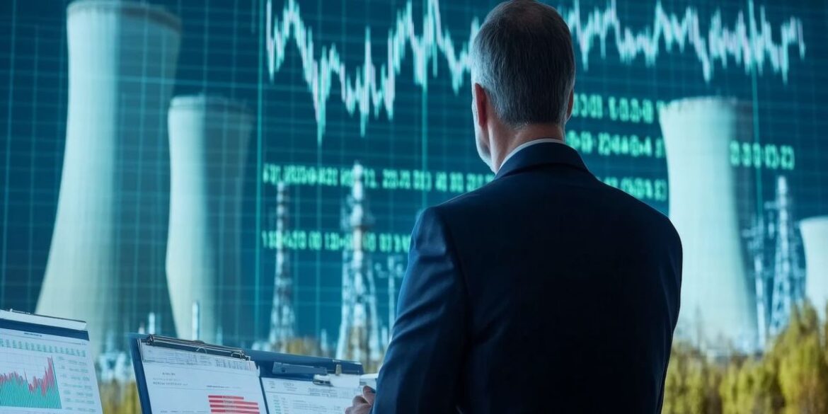 Man analyzes charts on screens with power plant cooling towers in the background.jpg