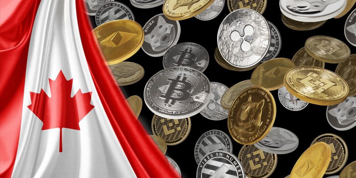 Canada flag and various crypto coins including bitcoin ether and xrp.jpg