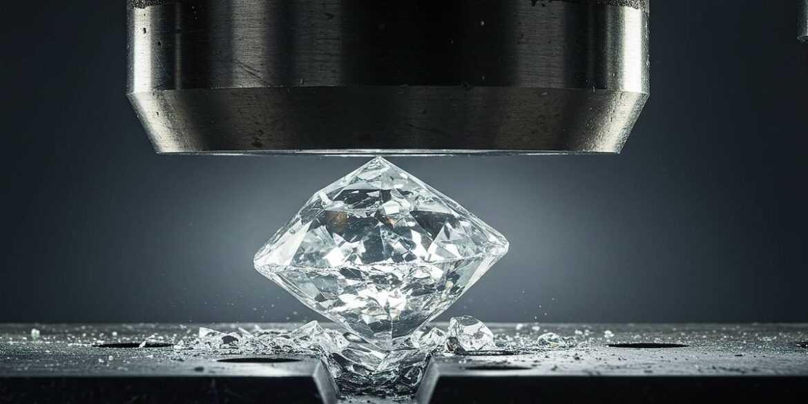 Diamond shattering under a hydraulic press surrounded by scattered shards.jpg