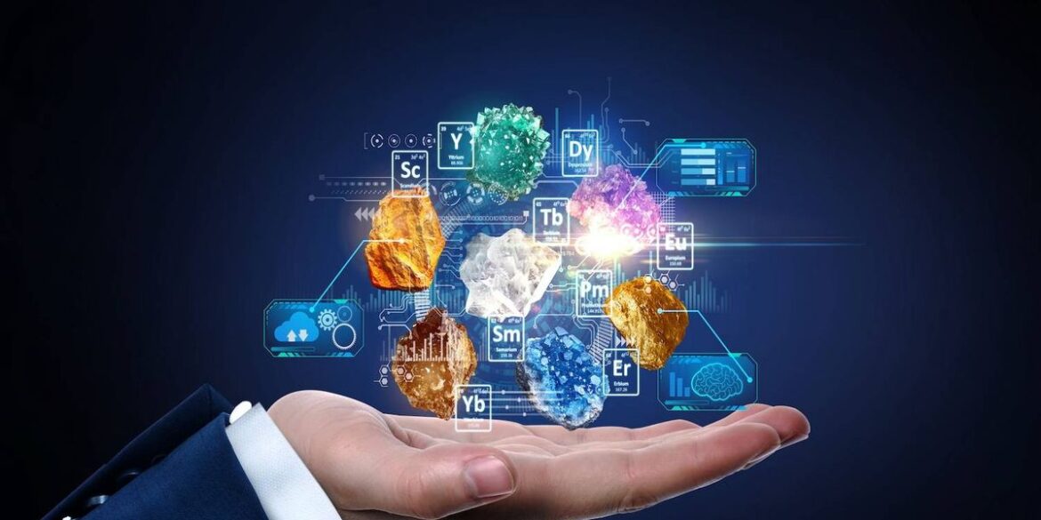 Hand holding levitating minerals with digital periodic table elements and data.jpg