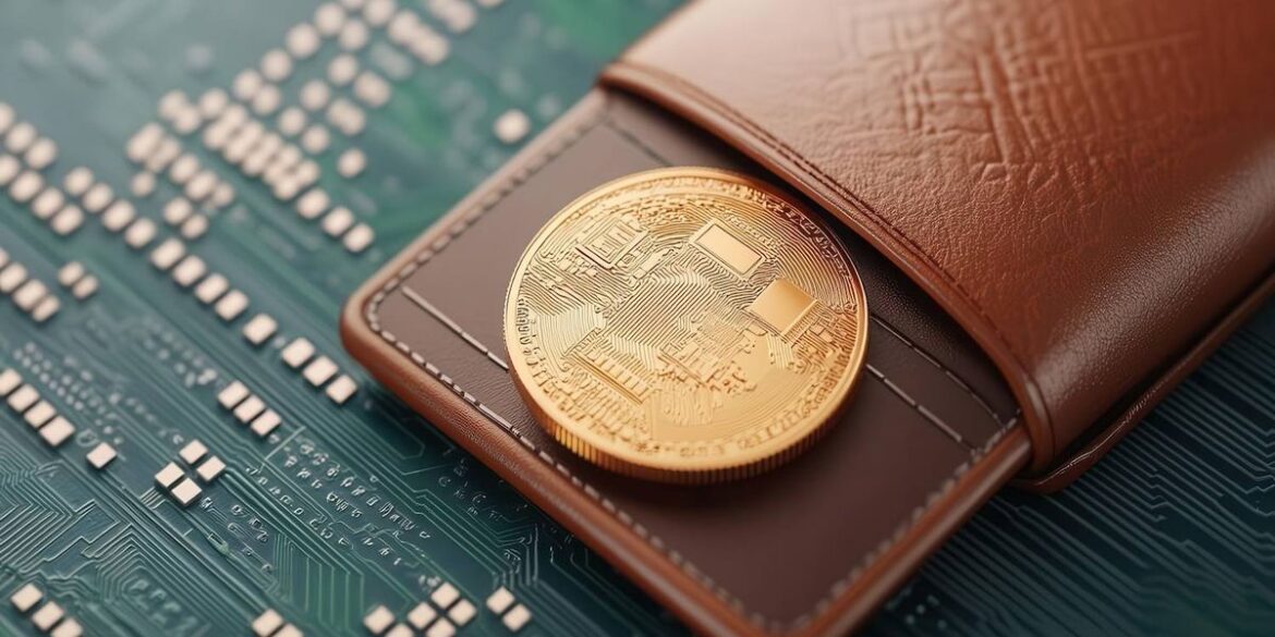 A gold cryptocurrency coin partially out of a brown leather wallet on a green circuit board backgrou.jpeg