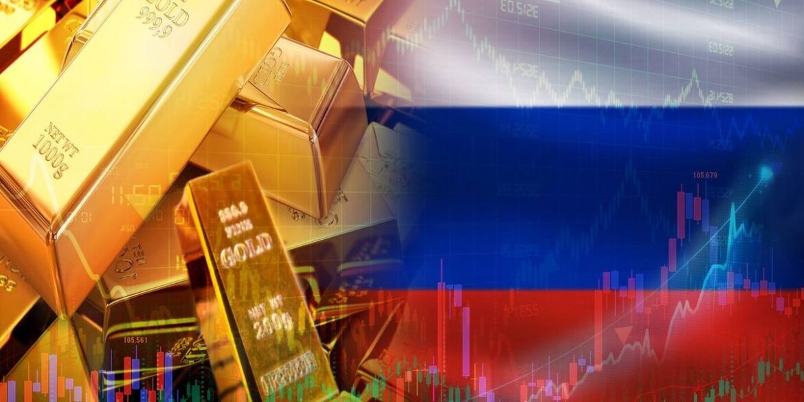 Gold bars with text 999 9 and 250g overlayed with a russian flag and financial graphs in the backgro.jpeg
