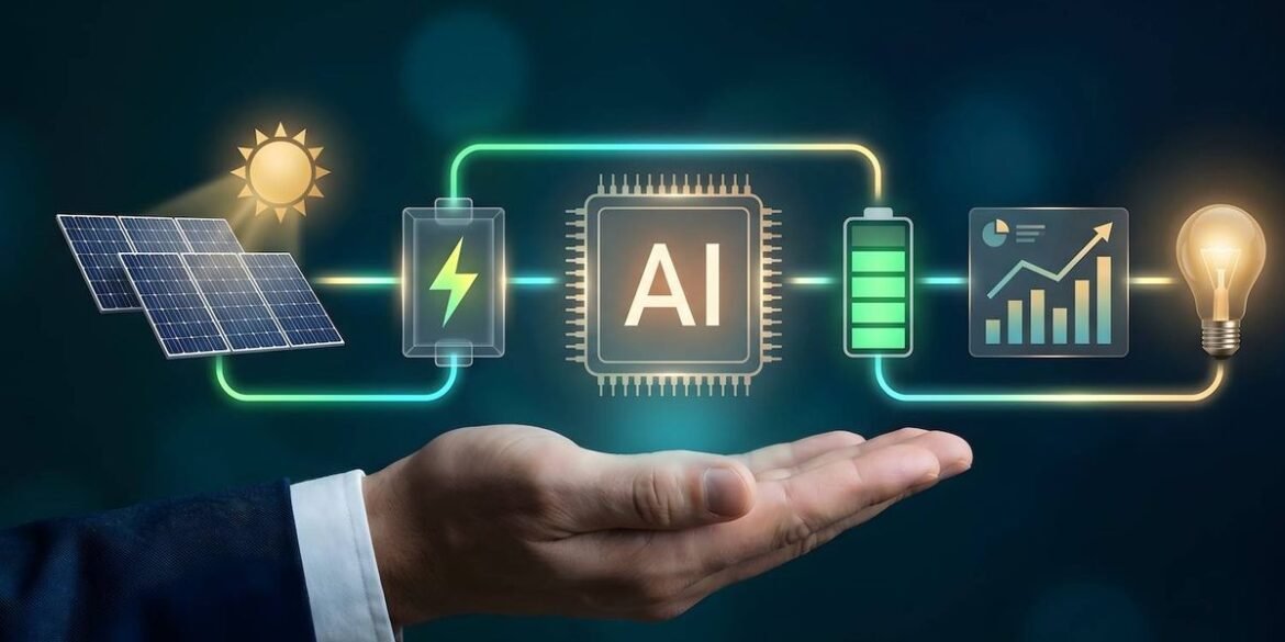 A hand supports images of solar panels battery ai chip and graphs with glowing connections and icons.jpeg