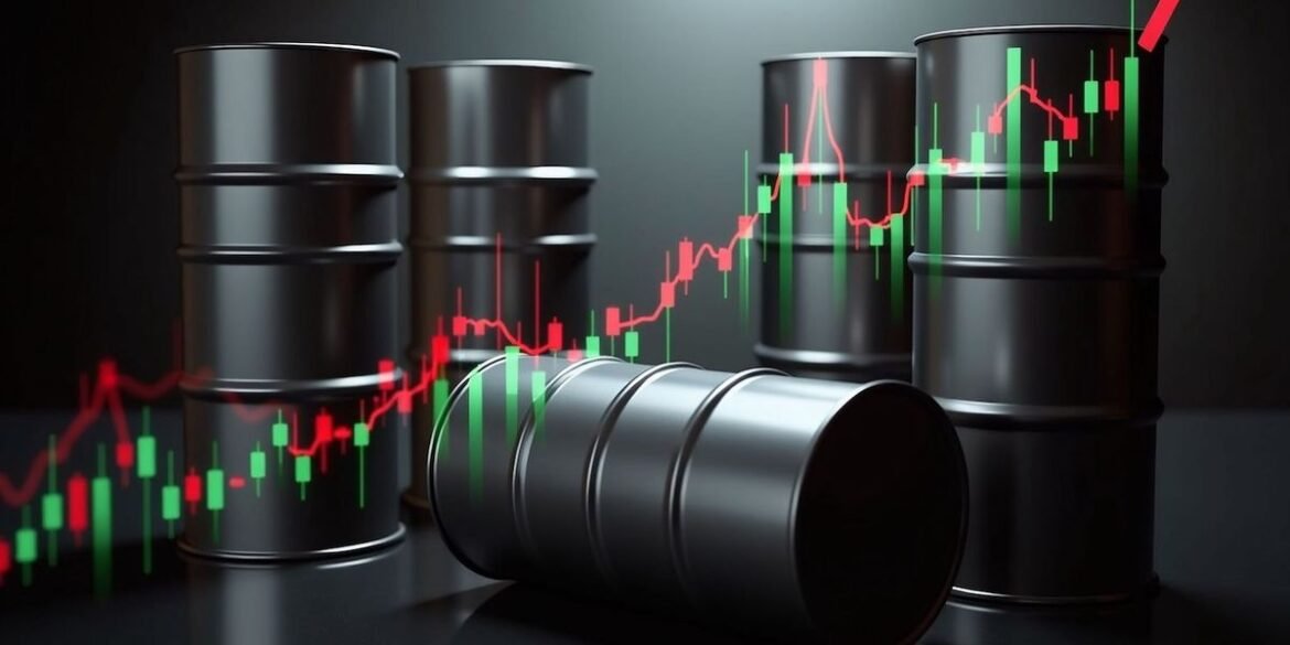Oil barrels with rising financial graphs and arrow indicating increased oil prices.jpg