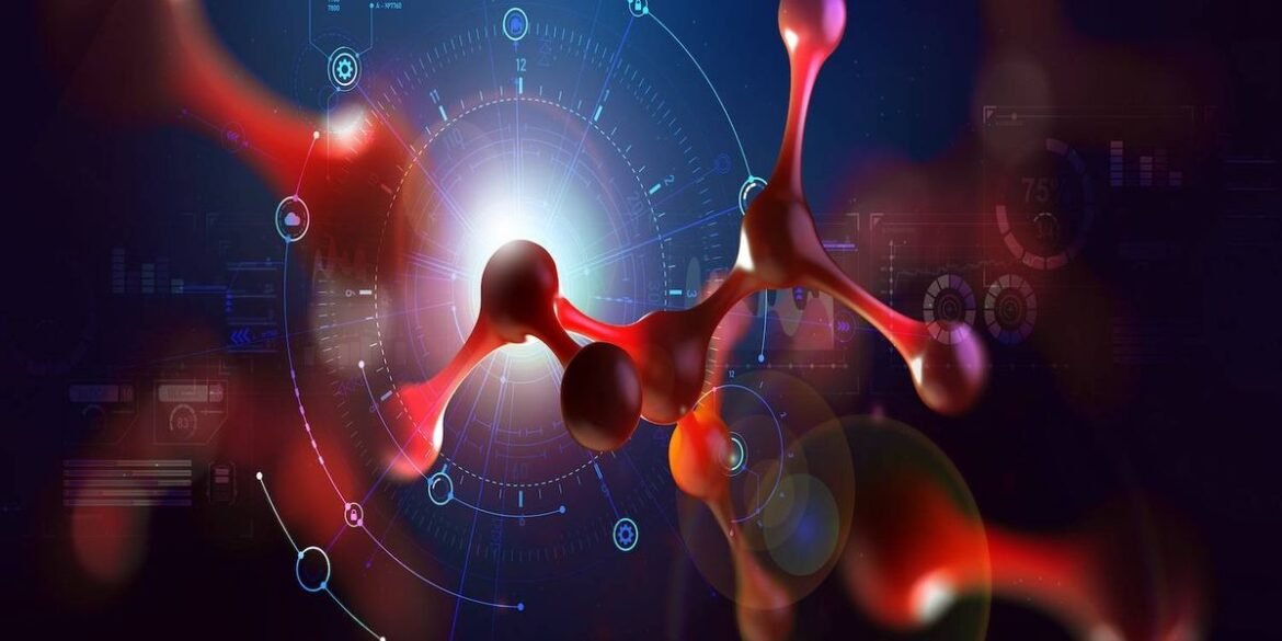 A glowing red molecular structure is overlaid on a digital blue and black background with circular d.jpeg