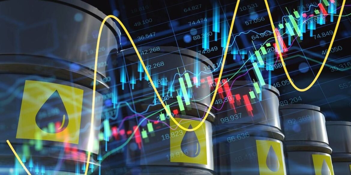 Oil barrels with yellow droplet symbols overlaid by colorful stock market graphs and fluctuating pri.jpeg