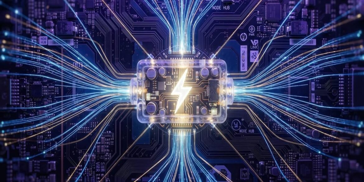 Glowing battery symbol with lightning bolt on purple circuit board.jpg